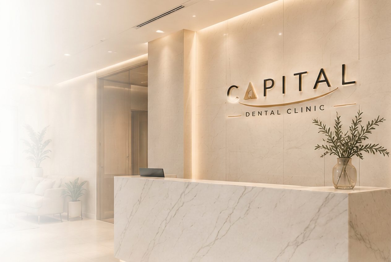 Recepción de Capital Dental Clinic: mostrador de mármol claro con el letrero de la clínica en la pared y una planta decorativa